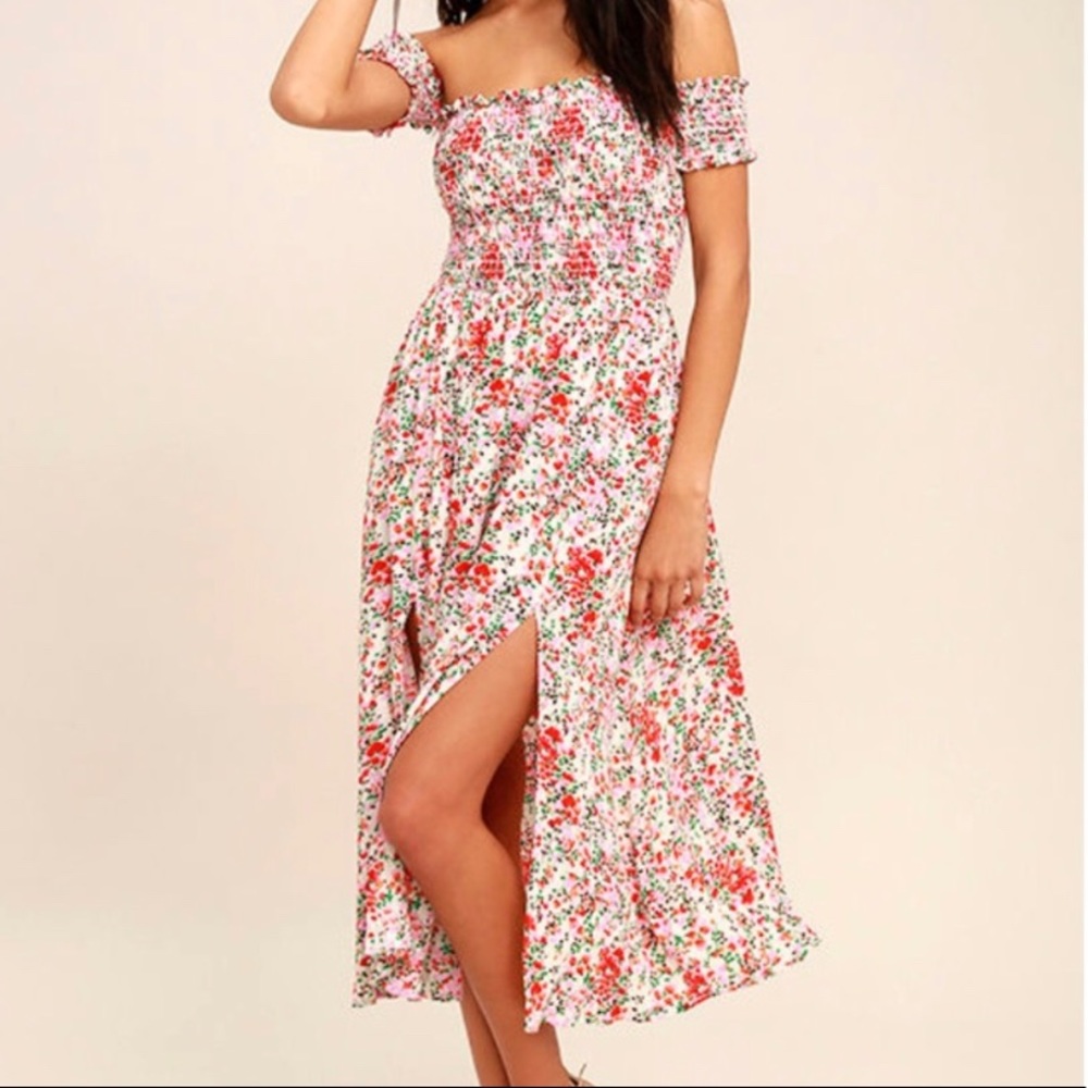 Lulu’s View from the Meadow Cream Floral Print Off the Shoulder Dress